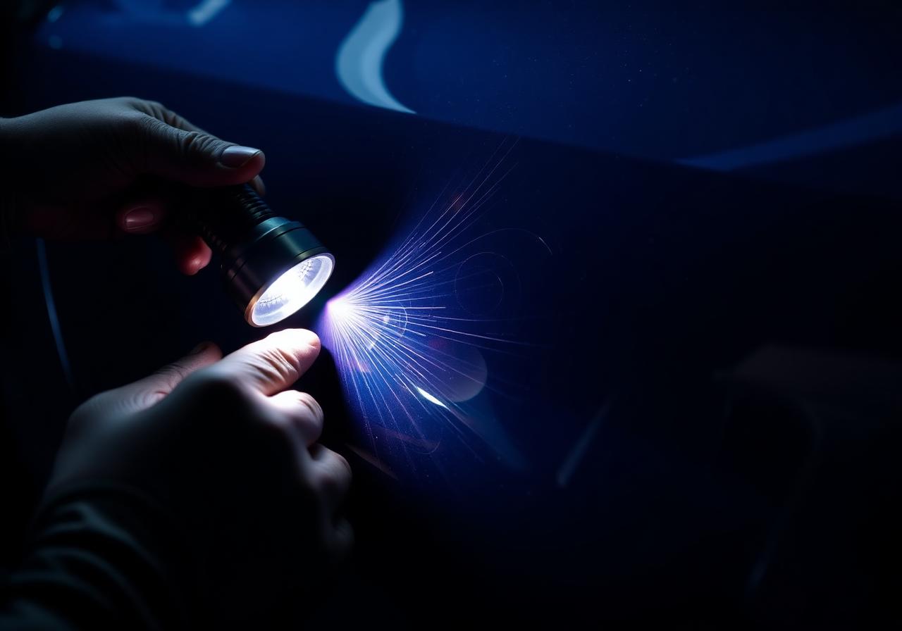 Swirl-finder LED lamp die waskrassen toont op donkere Duitse lak